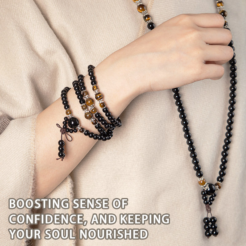 Buddha Stones 108 Beads Natural Black Obsidian Tiger Eye Mala Bracelet Mala Bracelet BS 3