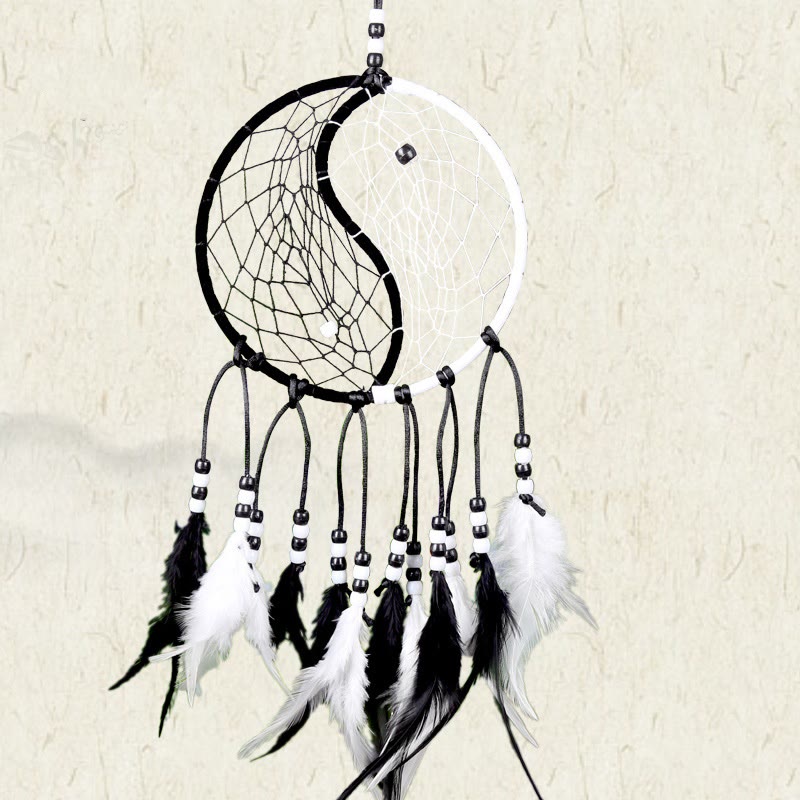 Buddha Stones Yin Yang Dream Catcher Circular Net with Feathers Balance Decoration Decorations BS 19