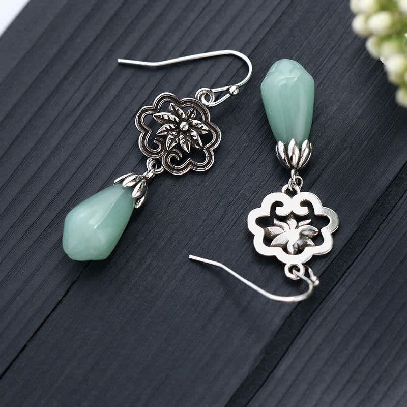 Buddha Stones Magnolia Flower Jade Water Drop Prosperity Dangle Earrings Earrings BS 2