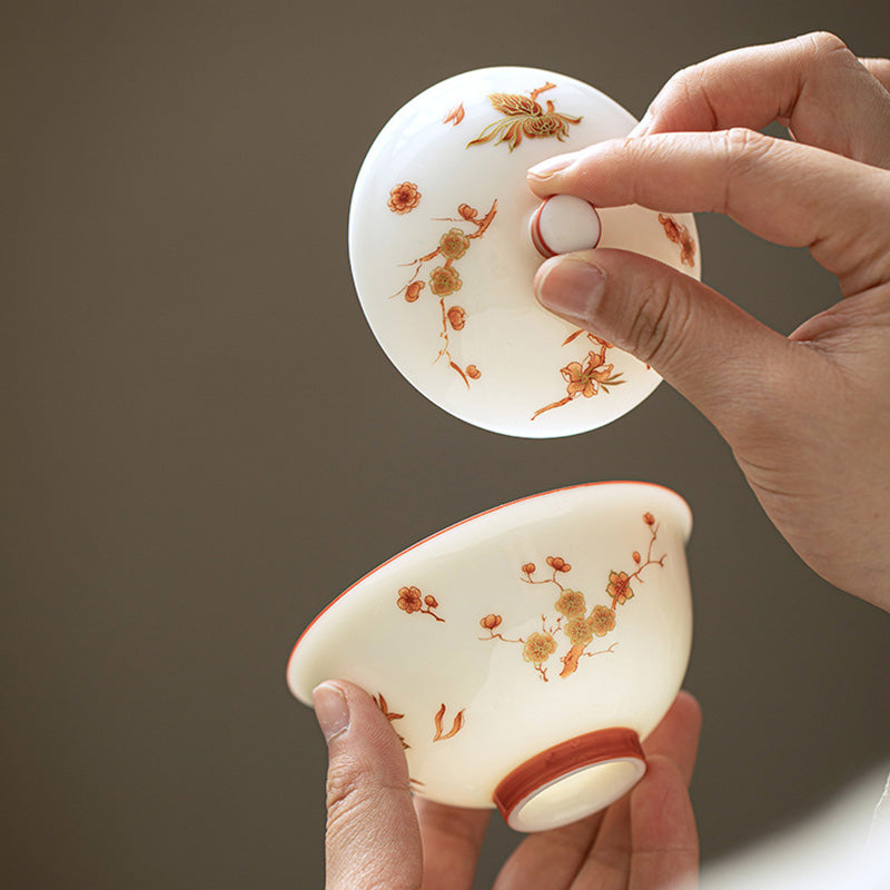 Buddha Stones White Porcelain Flowers Ceramic Gaiwan Sancai Teacup Kung Fu Tea Cup And Saucer With Lid Cup BS 2
