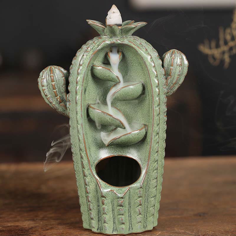 Buddha Stones Cactus Ceramic Healing Backflow Smoke Fountain Incense Burner Incense Burner BS Cactus-Green 12.5*6.5*17cm