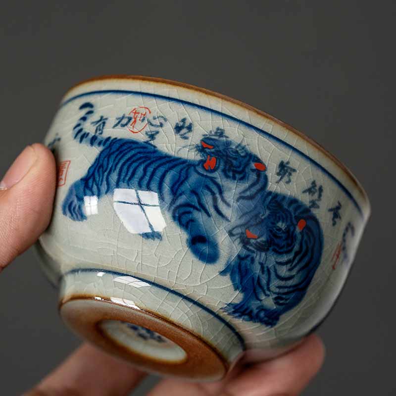 Buddha Stones Jingdezhen Hand Painted Cute Tiger Ceramic Teacup Kung Fu Tea Cup Bowl 140ml Cup BS 4