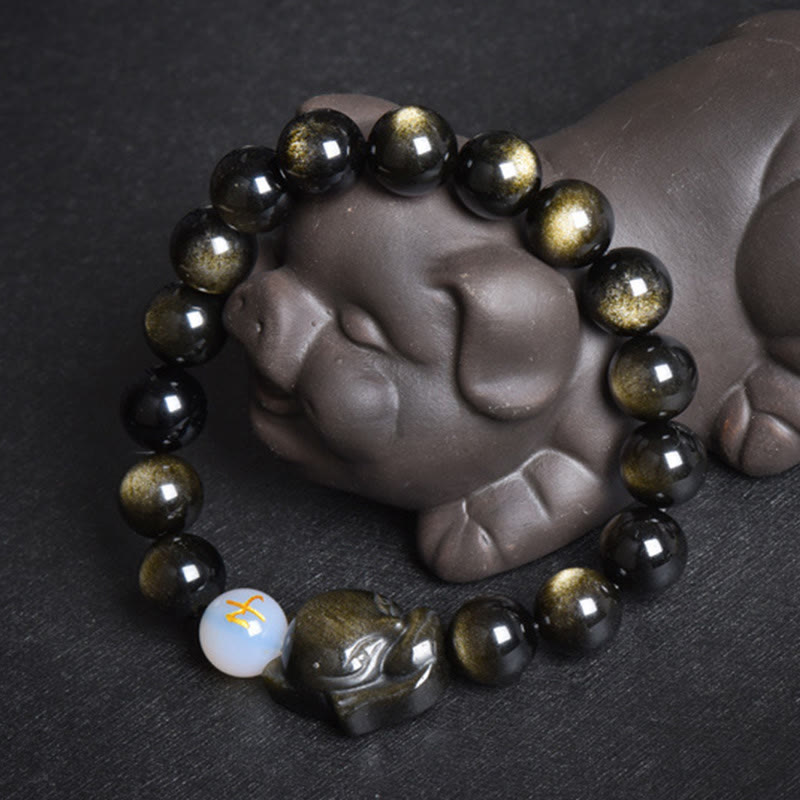 Buddha Stones Natural Rainbow Obsidian Gold Sheen Obsidian Silver Sheen Obsidian Fox Healing Bracelet Bracelet BS Gold Sheen Obsidian Pig