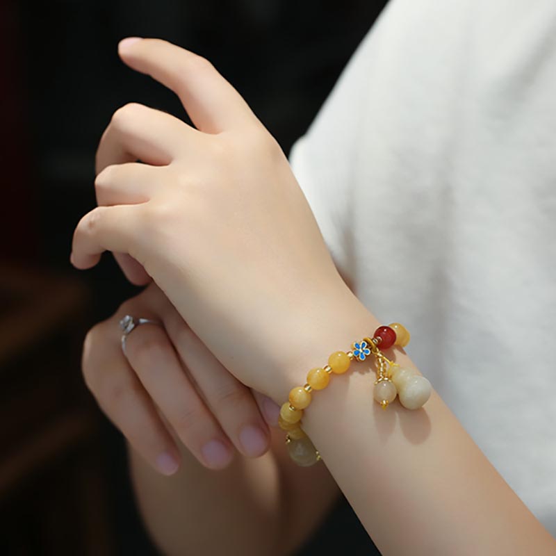Buddha Stones Natural Golden Silk Jade Gourd Charm Wealth Luck Bracelet Bracelet BS 5