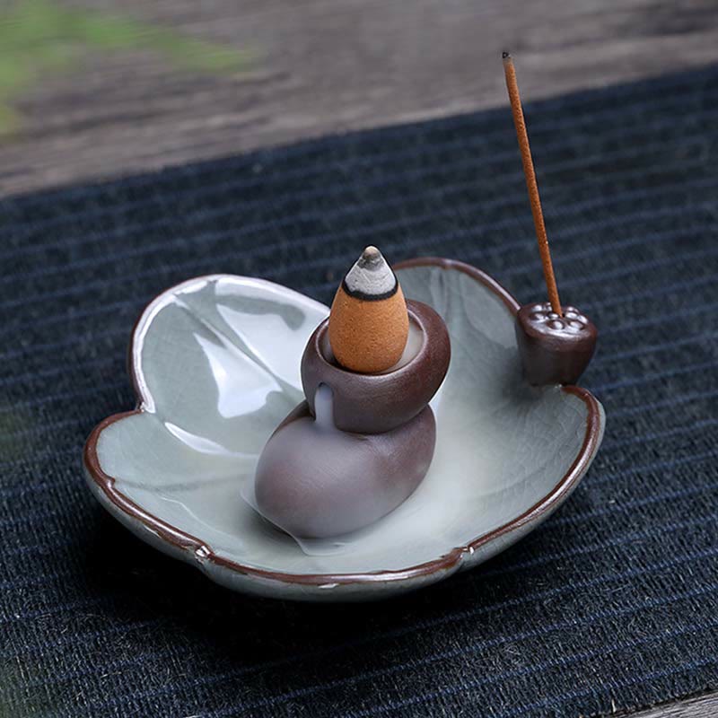 Buddha Stones Lotus Plum Blossom Square Ceramic Spiritual Backflow Incense Burner Incense Burner BS 12