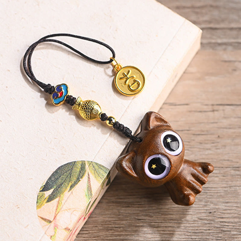Buddha Stones Green Sandalwood Lucky Cat Koi Fish Cure Key Chain Phone Hanging Decoration Key Chain BS 3