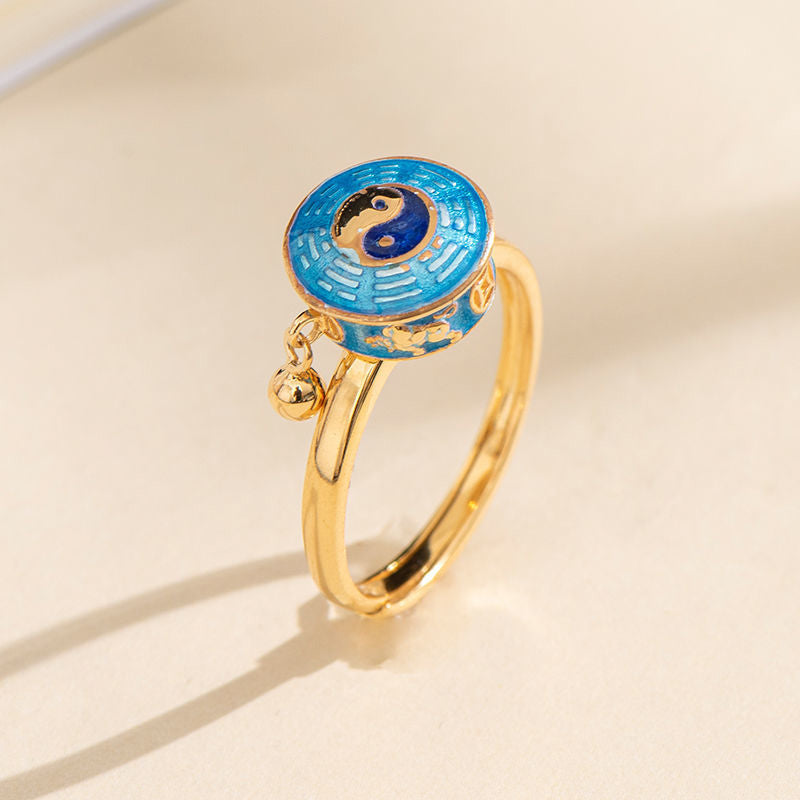 Buddha Stones Yin Yang Copper Luck Wealth Rotatable Ring Rings BS Blue