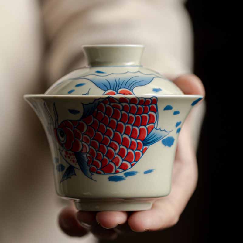 Buddha Stones Koi Fish Arowana Ceramic Gaiwan Sancai Teacup Kung Fu Tea Cup With Lid 130ml Cup BS 26