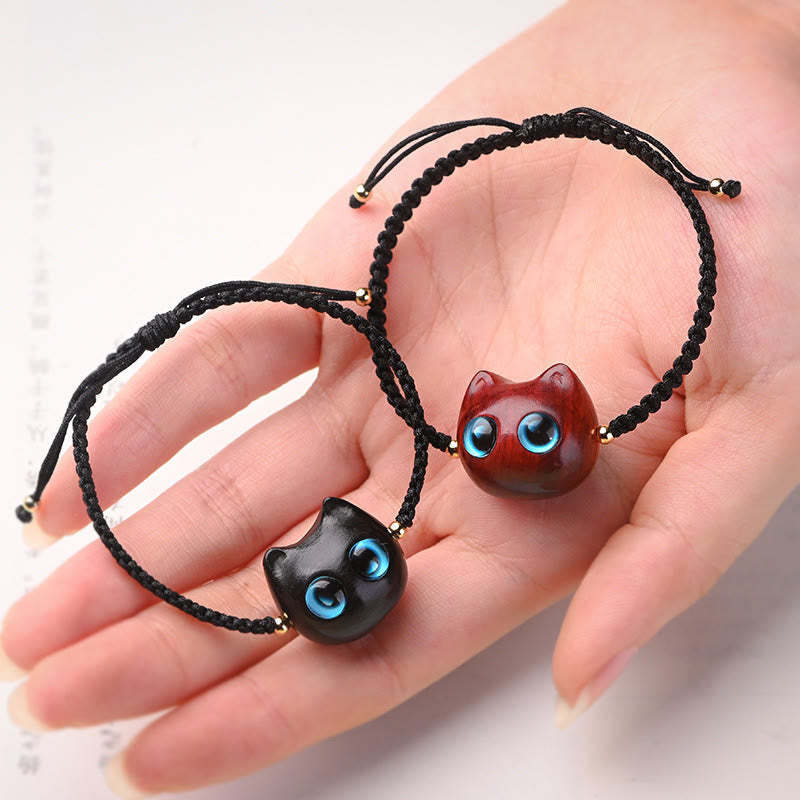 Foviel Small Leaf Red Sandalwood Ebony Wood Cute Cat Head Calm Protection Braided Bracelet