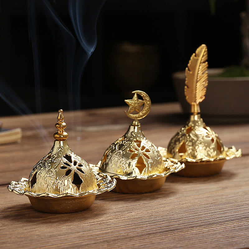 Buddha Stones Gold Gourd Star Feather Spiritual Meditation Mini Alloy Metal Incense Burner Incense Burner BS 12
