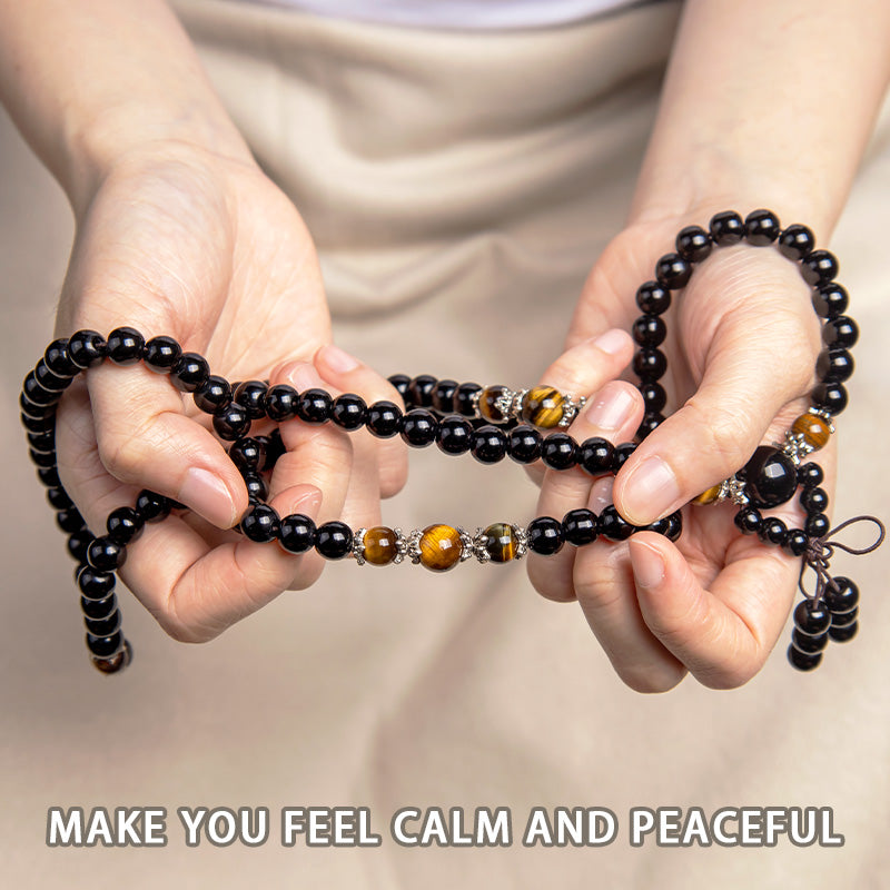 Buddha Stones 108 Beads Natural Black Obsidian Tiger Eye Mala Bracelet Mala Bracelet BS 2