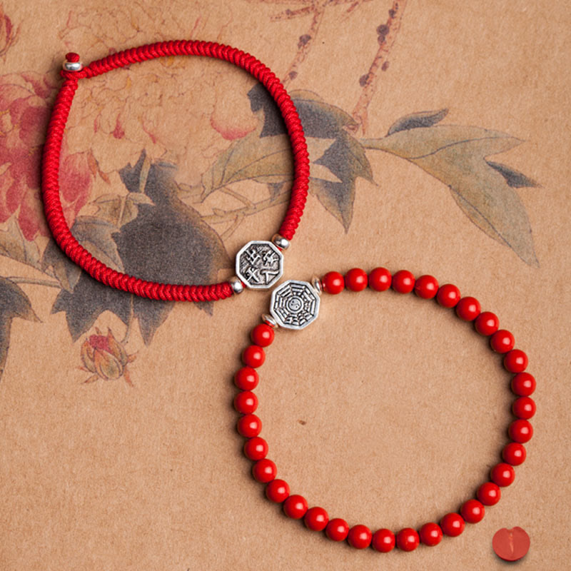 Buddha Stones 925 Sterling Silver Yin Yang Bagua Symbol Cinnabar String Concentration Bracelet Bracelet BS 5