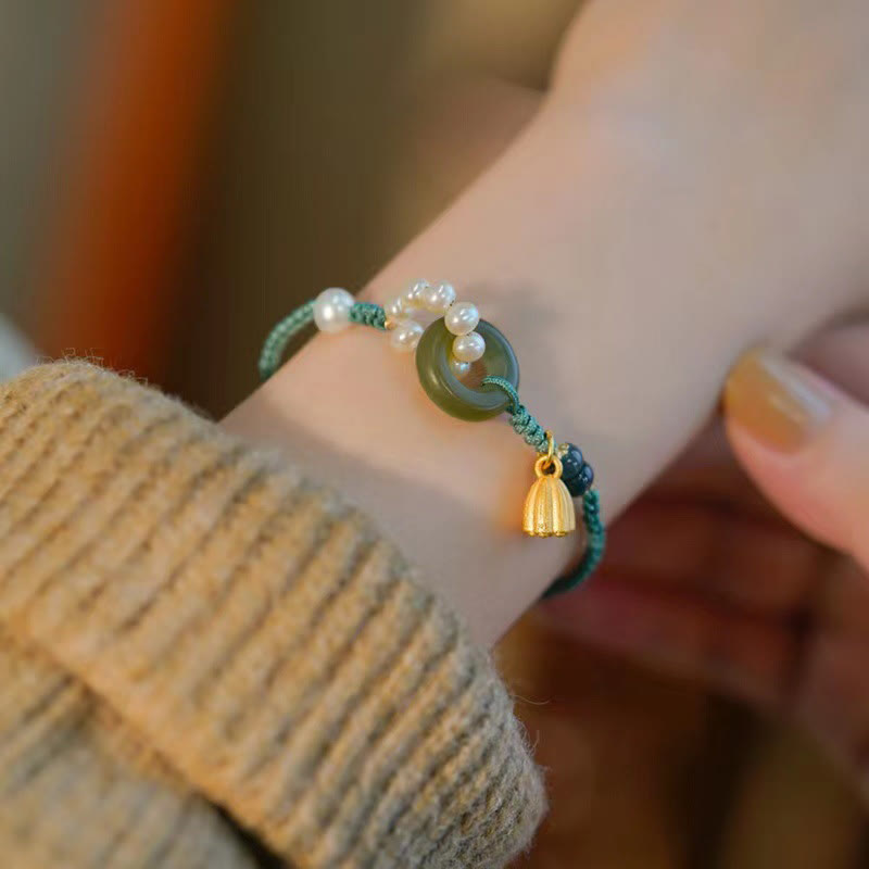 Buddha Stones Natural Hetian Jade Peace Buckle Pearl Luck Handcrafted Braided Bracelet Bracelet BS Peace Buckle Jade(Wrist Circumference 14-19cm)