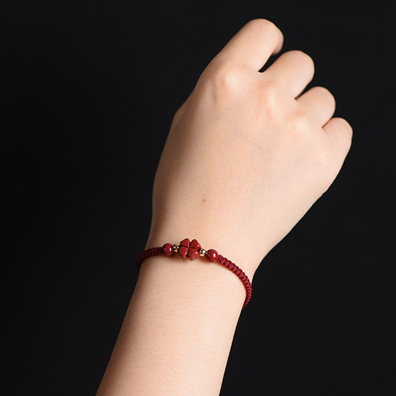 Buddha Stones Four Leaf Clover Five-petal Flower Cinnabar Blessing Red String Bracelet Bracelet BS 7