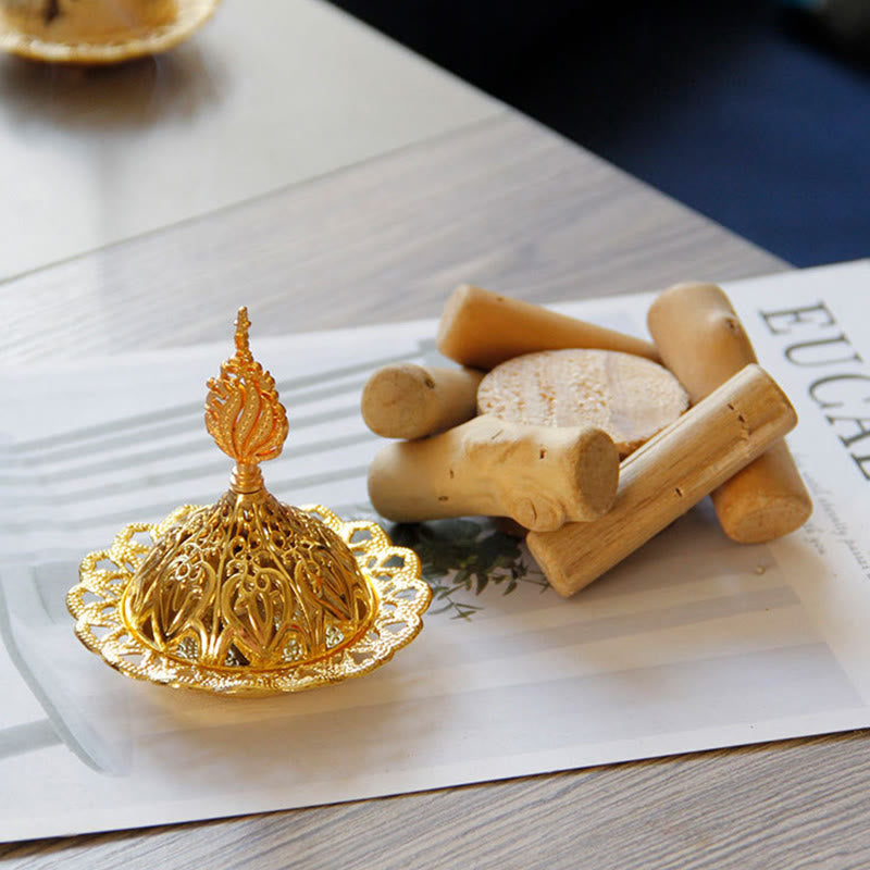 Buddha Stones Gold Alloy Healing Mini Incense Burner With Wooden Coaster Home Decor Incense Burner BS 5