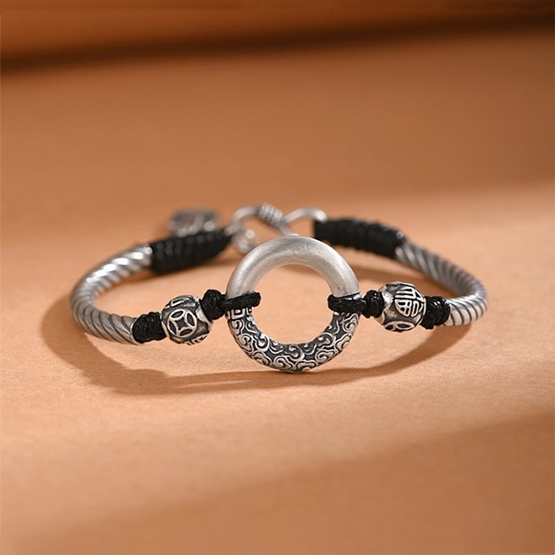 Buddha Stones 999 Sterling Silver Fu Character Peace Buckle Copper Coin Auspicious Clouds Fortune Bracelet Bracelet BS 999 Sterling Silver(Bracelet Size 18+1cm)