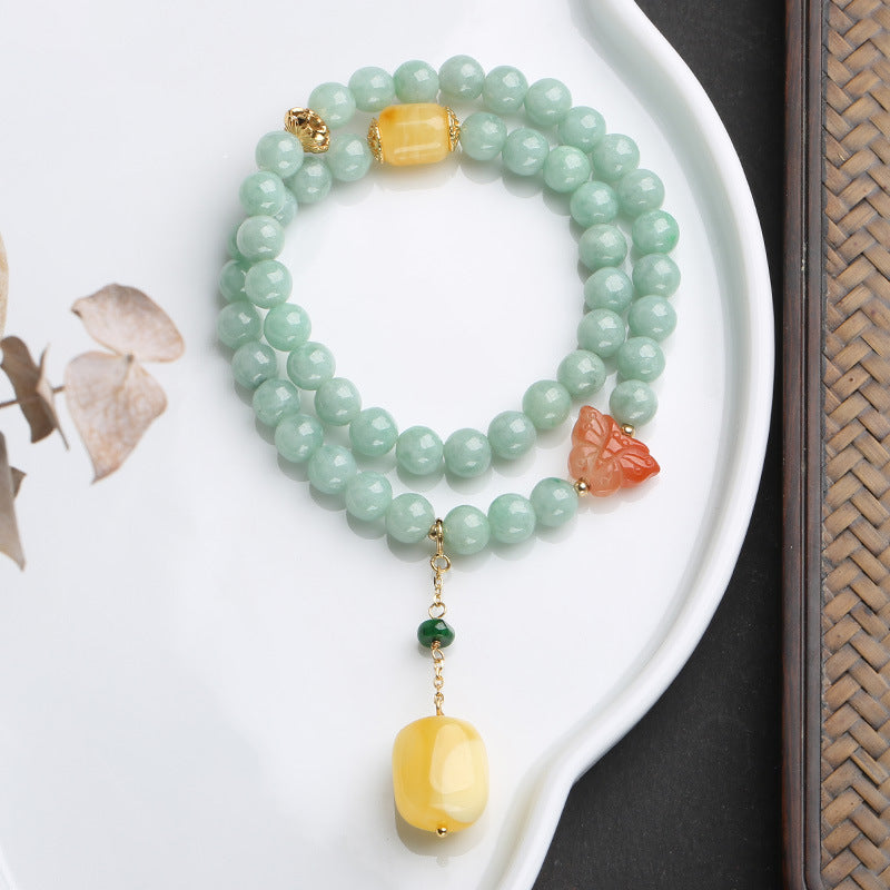 Buddha Stones 925 Sterling Silver Natural Jade Amber Butterfly Luck Abundance Bracelet Bracelet BS 5