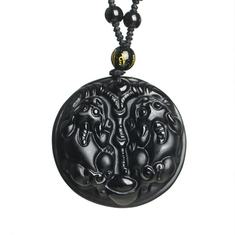 Buddha Stones Black Obsidian Double Pixiu Bead Rope Purification Necklace Pendant Necklaces & Pendants BS 6