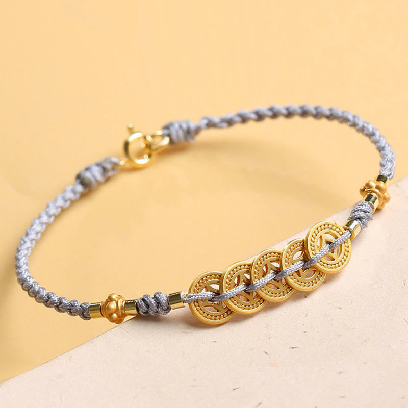 Buddha Stones Copper Coin Fortune Tree Pearl Luck Blue Rope Braided Bracelet Bracelet BS 2