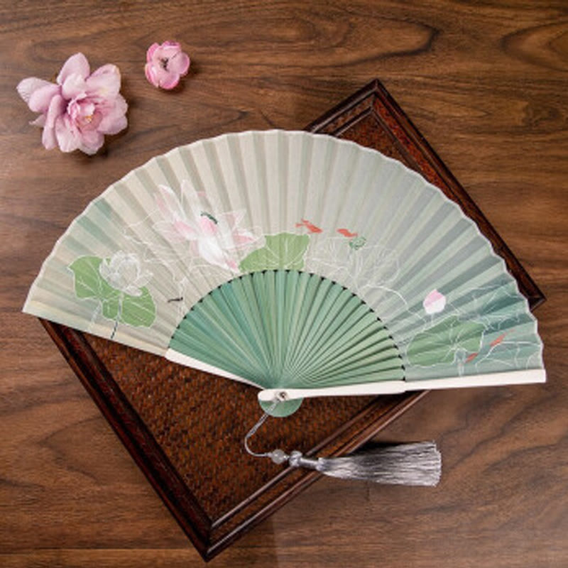Buddha Stones Jasmine Lotus Begonia Flowers Handheld Bamboo Folding Fan - Green Lotus - image 4