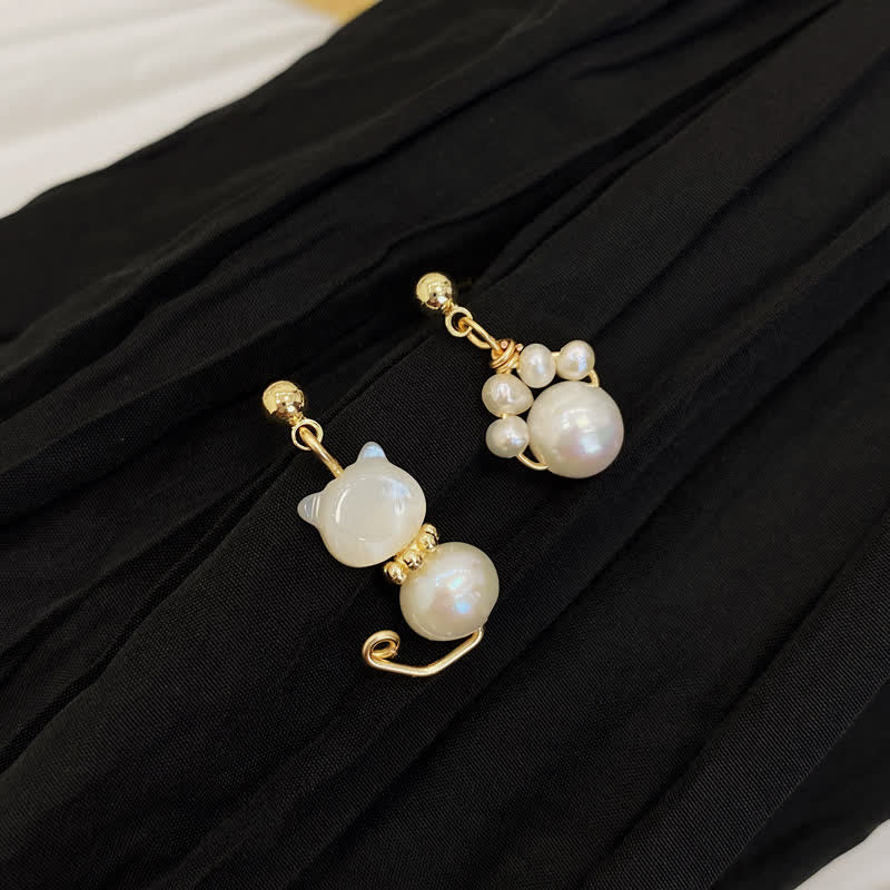 Buddha Stones Cute Cat Paw Pearl Wisdom Stud Drop Earrings Earrings BS Pearl