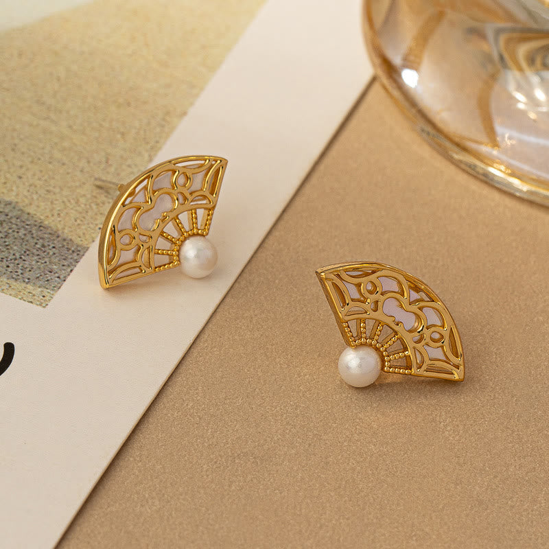 Buddha Stones 925 Sterling Silver Posts Fan Pattern Pearl Copper Wisdom Stud Drop Earrings Earrings BS 1