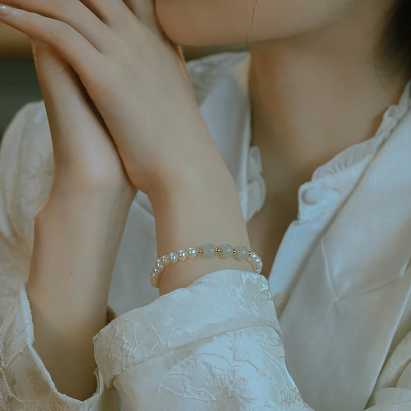 Buddha Stones 14K Gold Plated Natural Pearl Hetian Cyan Jade White Jade Sincerity Bead Chain Bracelet Bracelet BS 22