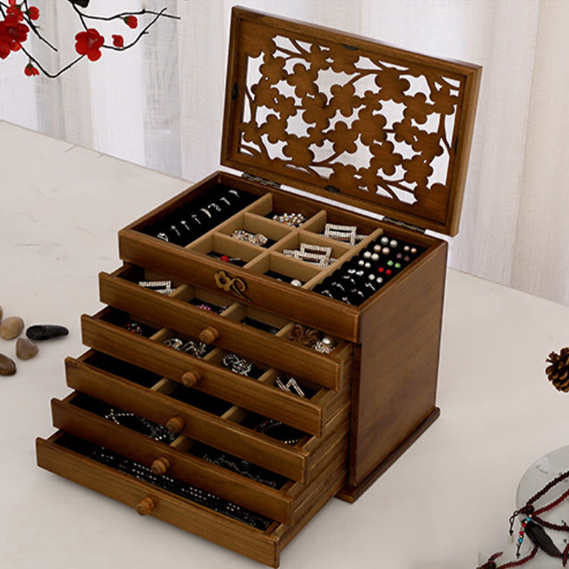 Buddha Stones Vintage Plum Blossom Carved Wooden Jewelry Box Six-Layer Jewelry Storage Box Jewelry Box BS 21