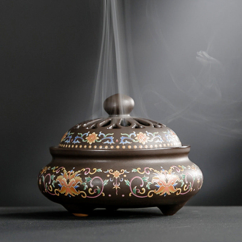 Buddha Stones Dragon Floral Pattern Backflow Smoke Fountain Ceramic Meditation Incense Burner Decoration Decorations Incense Burner BS Floral