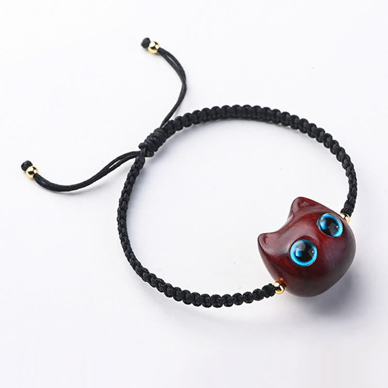 Foviel Small Leaf Red Sandalwood Ebony Wood Cute Cat Head Calm Protection Braided Bracelet