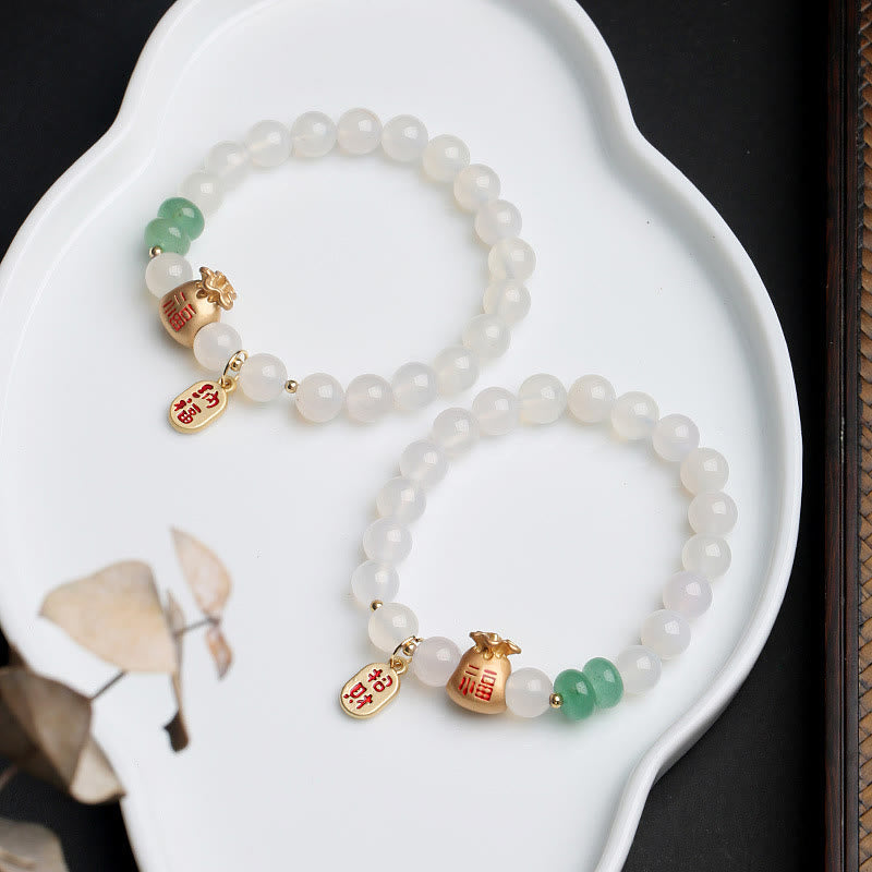Buddha Stones Natural White Agate Red Agate Money Bag Fu Character Four Leaf Clover Protection Bracelet Bracelet BS 2