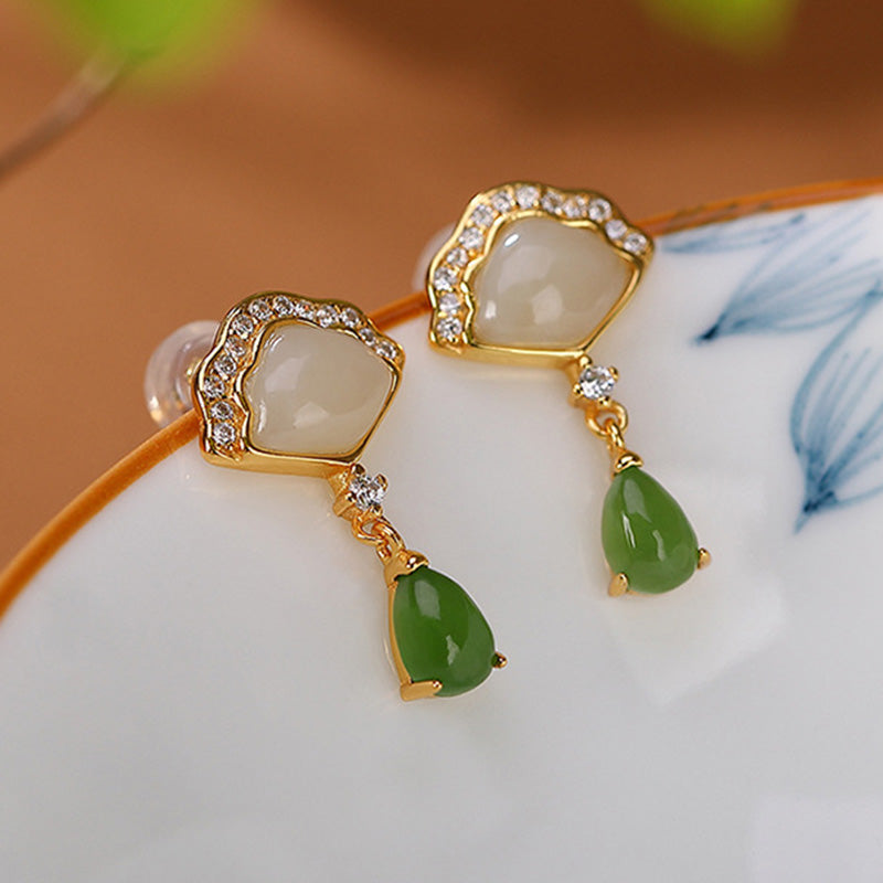 Buddha Stones White Jade Cyan Jade Fan Water Drop Pattern Luck Drop Earrings Earrings BS 3