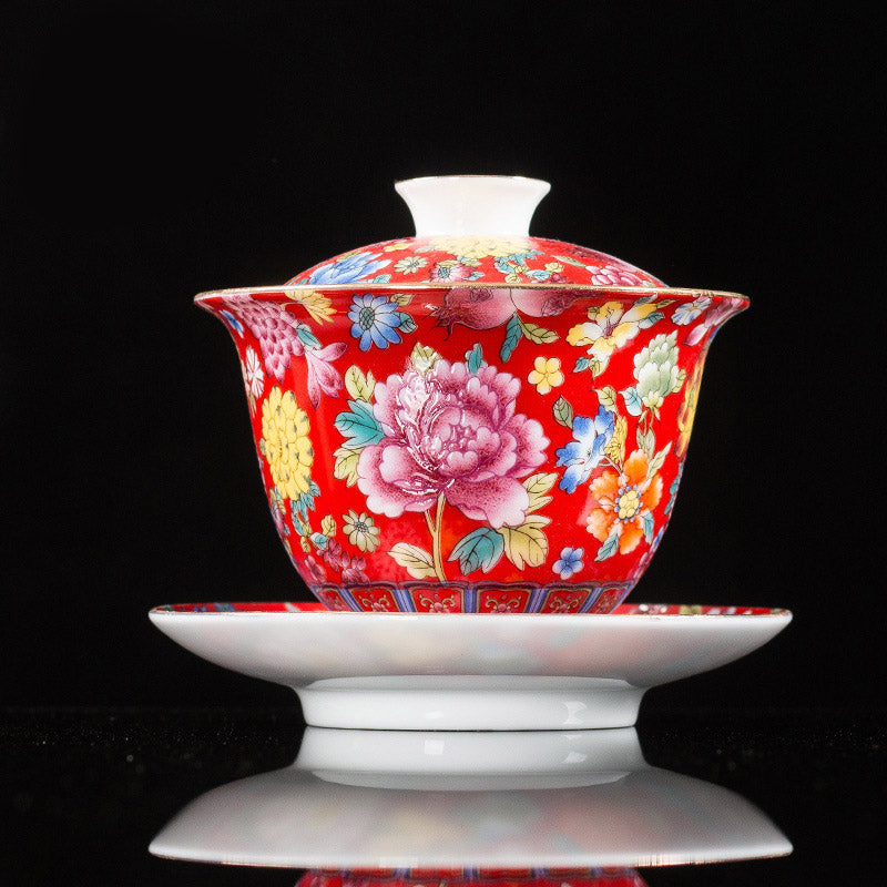 Buddha Stones Peony Flowers Ceramic Gaiwan Sancai Teacup Kung Fu Tea Cup And Saucer With Lid Cup BS Red 9.5cm*9.3cm*160ml