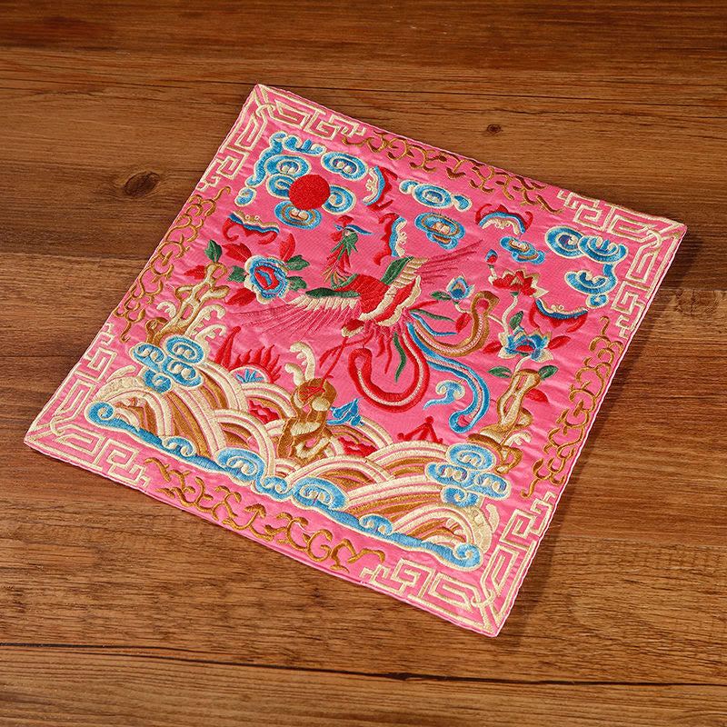 Buddha Stones Crane Phoenix Dragon Kirin Embroidered Cup Mat Pad Tea Cup Coaster Square Kung Fu Tea Mat Tea Mat BS Pink Phoenix
