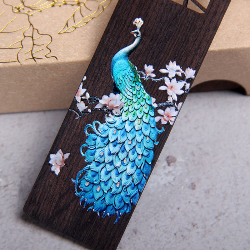 Buddha Stones Blue Peacock Ebony Wood Bookmarks With Gift Box Bookmarks BS 4