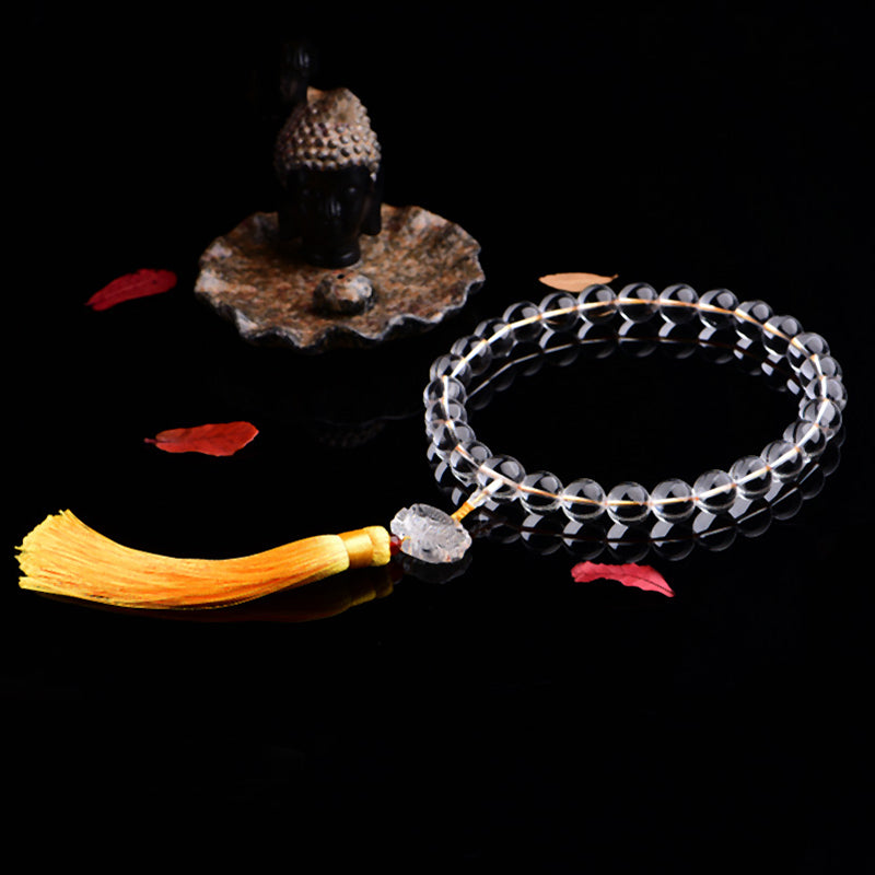 Buddha Stones Natural White Crystal Lotus Wrist Mala Meditation Tassels Pocket Mala Car Decoration Wrist Mala&Decorations BS 2