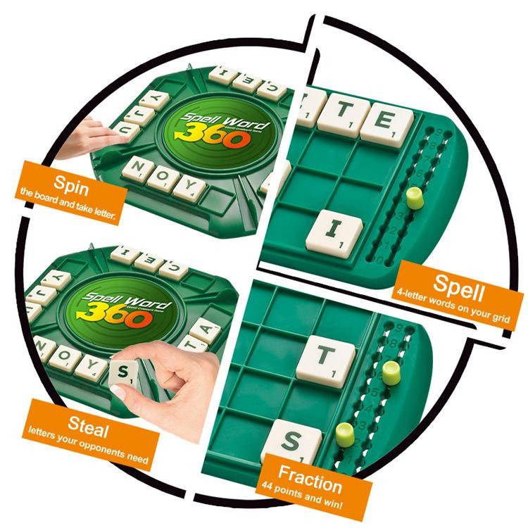 Fidtoy 360 Word Spell Crossword Game for Ages 10+, Plastic Rotating Letter Tile Board Game with 100 Letter Tiles, 4 Player Boards, Scoring Pegs, Family Word Strategy Game for 2-4 Players