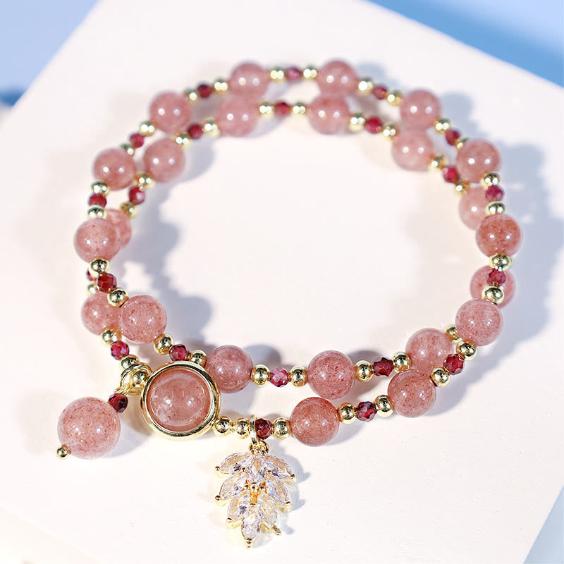 Foviel Natural Strawberry Quartz Love Healing Maple Leaf Charm Double Wrap Bracelet