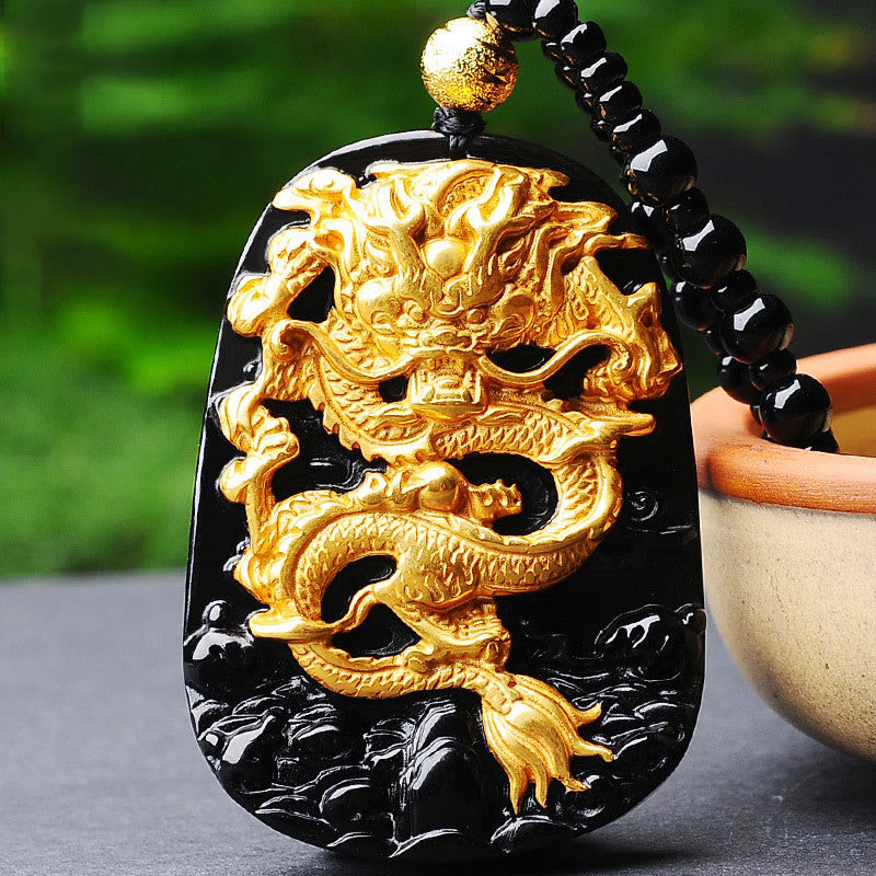Collier avec pendentif porte-bonheur Foviel en obsidienne et dragon plaqué or 18 carats