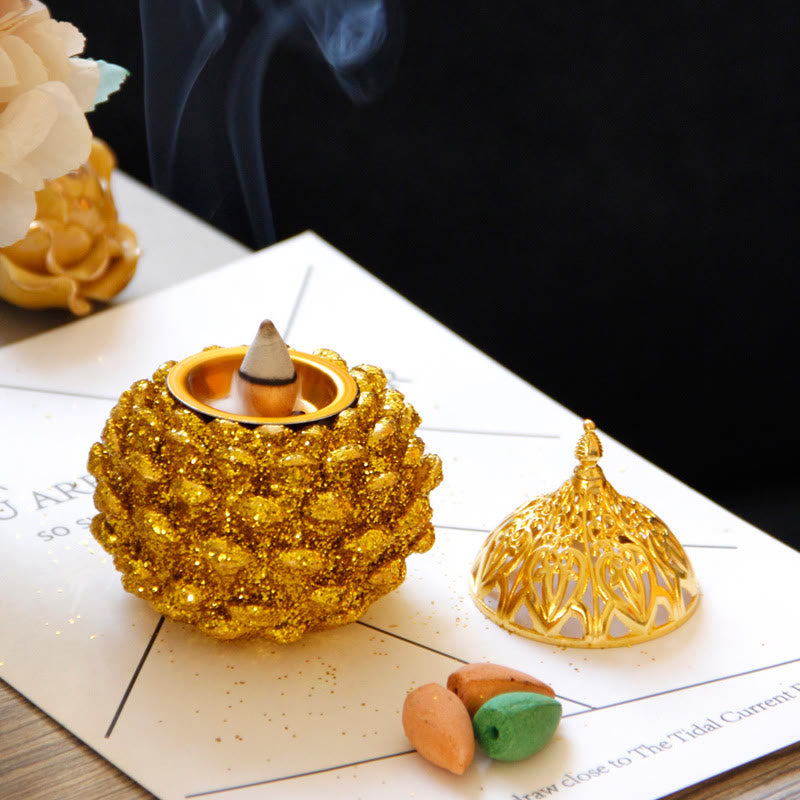 Buddha Stones Gold Pine Cone Pattern Spiritual Rituals Mini Incense Burner Home Tabletop Decor Incense Burner BS 14