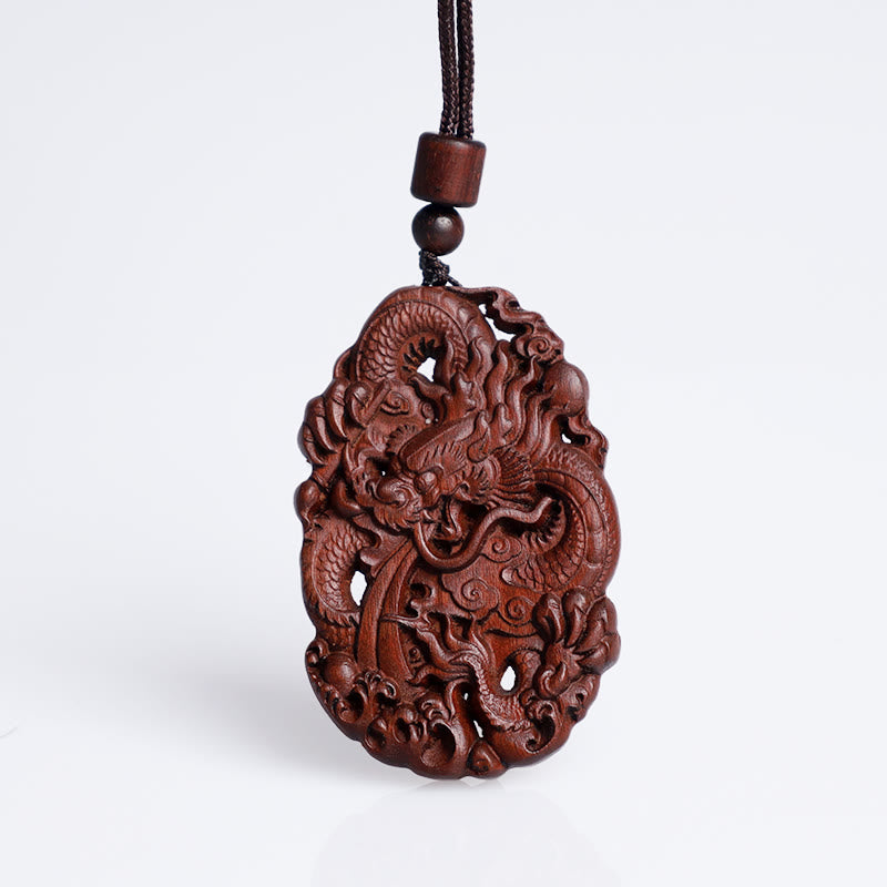 Buddha Stones Lightning Struck Jujube Wood Double Dragon Relief Ward Off Evil Spirits Necklace Pendant 9