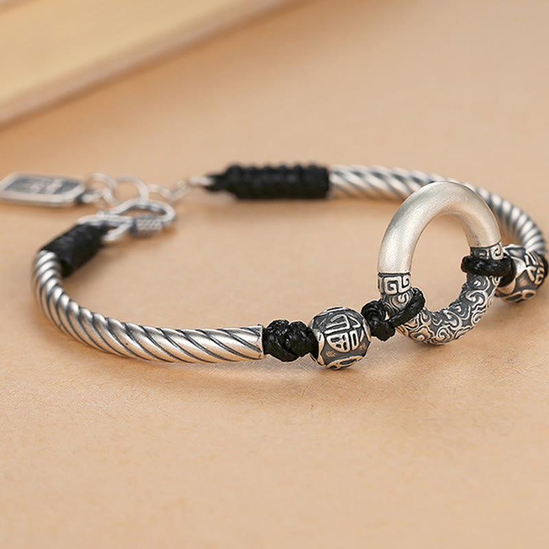 Buddha Stones 999 Sterling Silver Fu Character Peace Buckle Copper Coin Auspicious Clouds Fortune Bracelet Bracelet BS 1