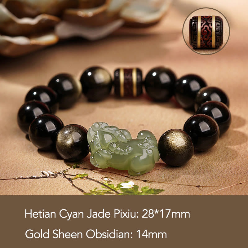 Bracelet PiXiu de richesse en obsidienne dorée naturelle, jade bleu de Hetian et jade blanc Foviel