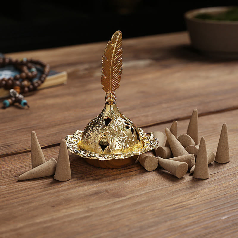 Buddha Stones Gold Gourd Star Feather Spiritual Meditation Mini Alloy Metal Incense Burner Incense Burner BS 10