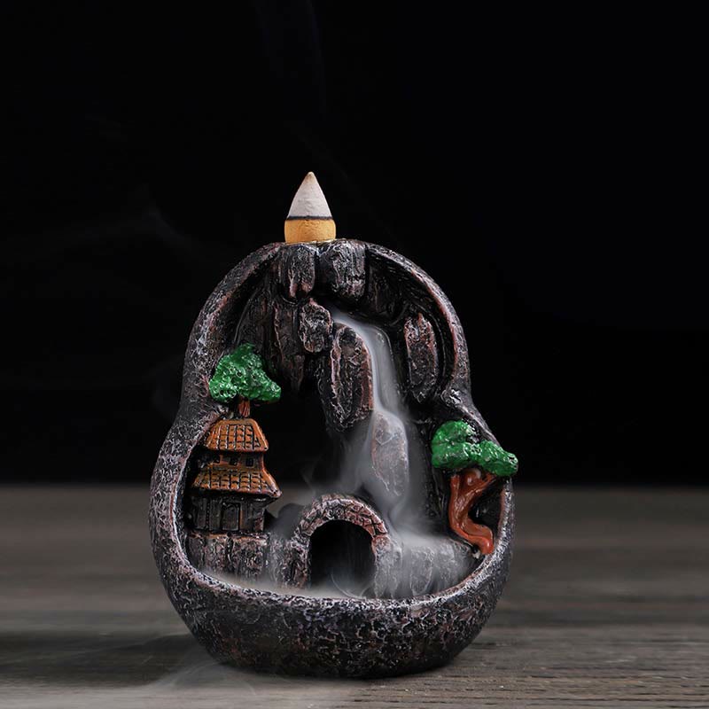 Buddha Stones Mountain Bridges Pattern Meditation Resin Backflow Incense Burner Incense Burner BS Caves Blessed Place 10.5*6*12cm