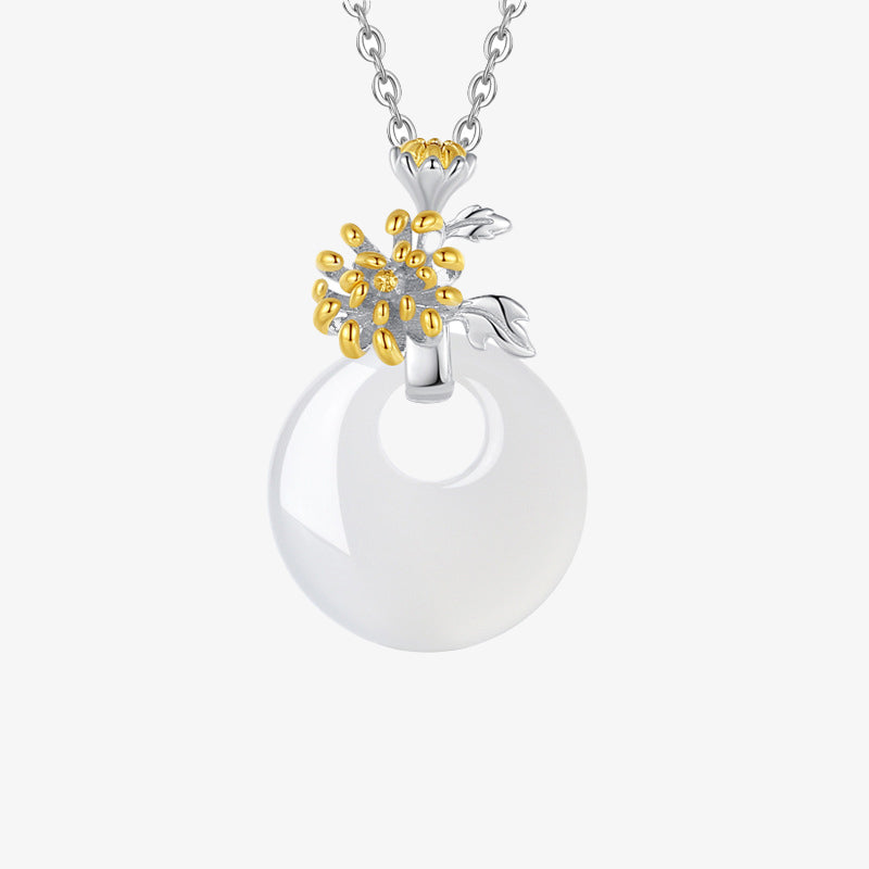 Buddha Stones 925 Sterling Silver Round Chalcedony Twelve Months Flower Harmony Necklace Pendant Necklaces & Pendants BS Chrysanthemum