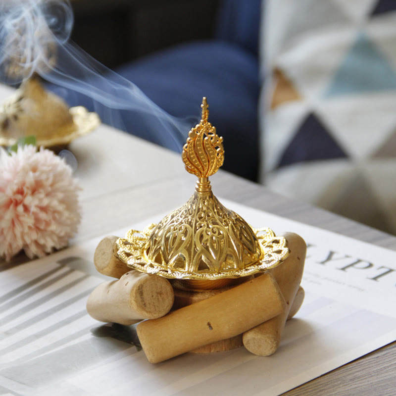 Buddha Stones Gold Alloy Healing Mini Incense Burner With Wooden Coaster Home Decor Incense Burner BS 7