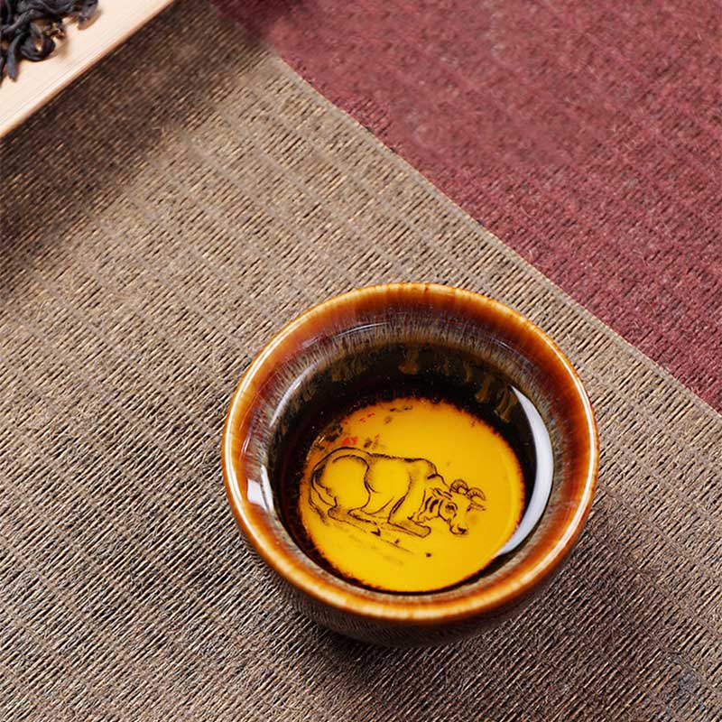 Buddha Stones 12 Chinese Zodiac Pattern Ceramic Teacup Kung Fu Jian Chinese Zhan Tea Cup 73ml Jian Zhan Tea Cup BS 8
