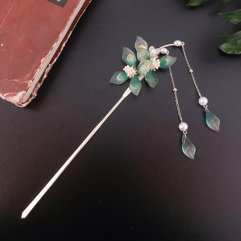 Buddha Stones Flower Leaf Pearl Peace Tassel Hairpin Hairpin BS 9
