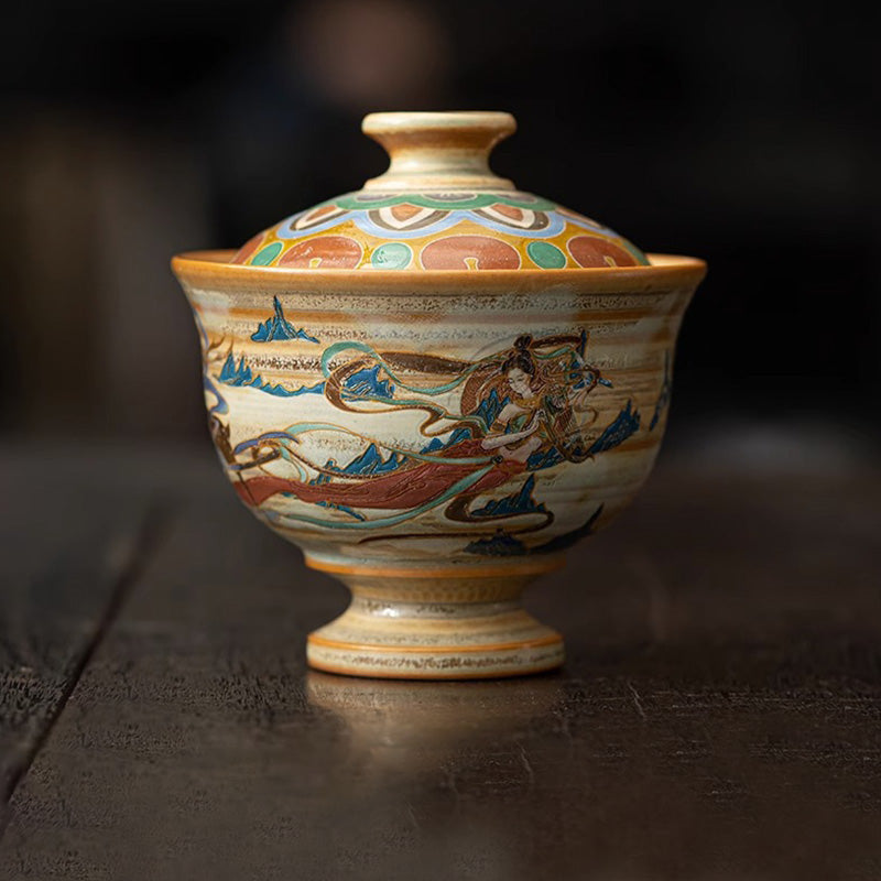 Buddha Stones Dunhuang Flying Apsaras Ceramic Gaiwan Sancai Teacup Kung Fu Tea Cup With Lid Cup BS 1